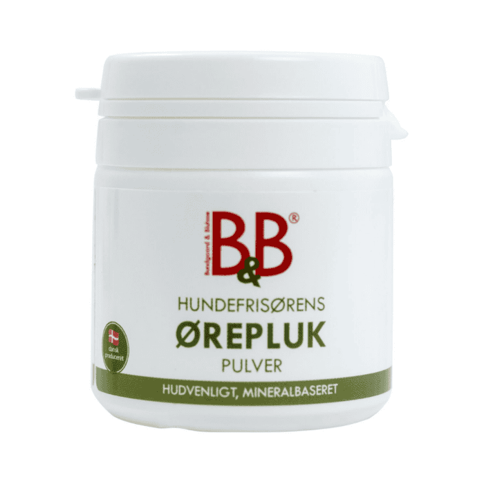Beskrivelse B&B Ørepluk Dette ørepluk pulver er et 100% naturligt mineralprodukt, som gør det nemt for dig nænsomt at at fjerne generende hår fra hundens øregang. Det fine mineralpulver har en ber